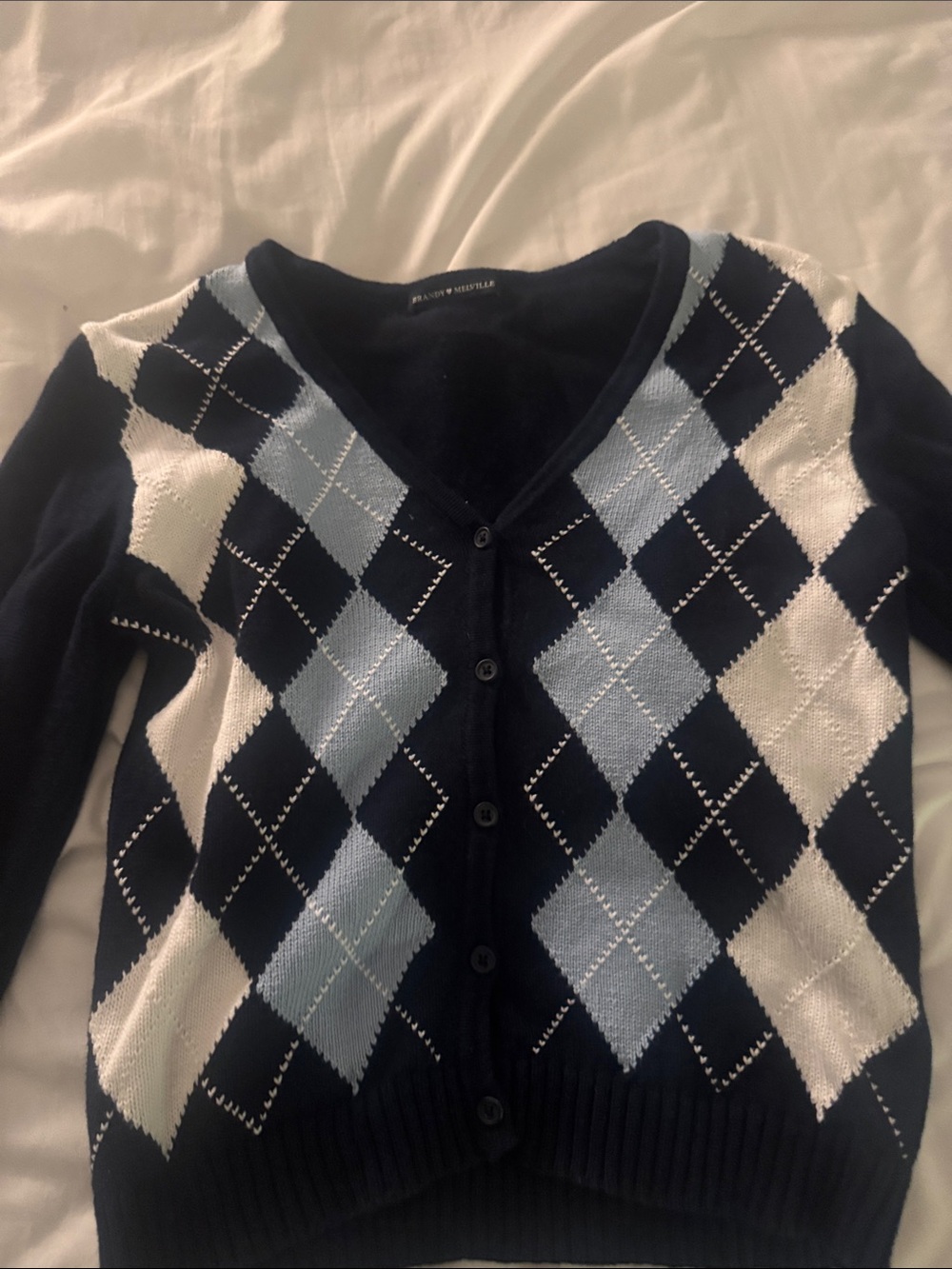 Brandy Melville Navy Blue & White Argyle V-Neck Cardigan